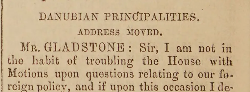 Fragment dintr-o pagină tipărită din Hansard, 1858: numele apare ca „Danubian Principalities”.