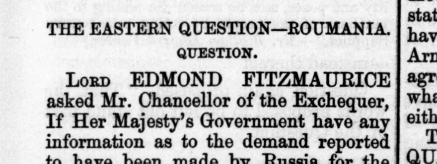 Fragment dintr-o pagină tipărită din Hansard, 1878: numele apare ca „Roumania”.