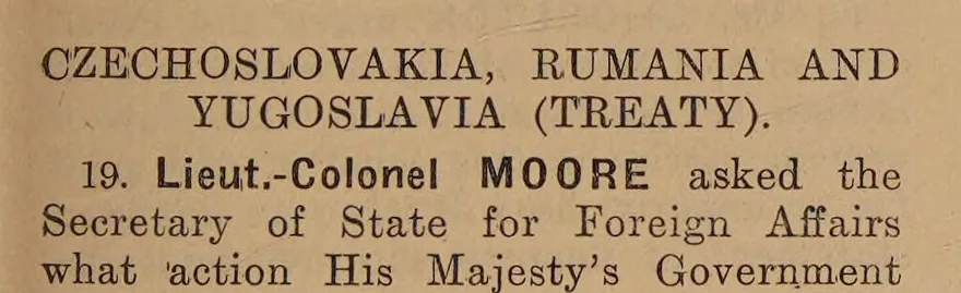 Fragment dintr-o pagină tipărită din Hansard, 1933: numele apare ca „Rumania”.