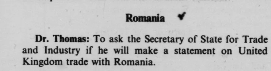 Fragment dintr-o pagină tipărită din Hansard, 1990: numele apare ca „Romania”.