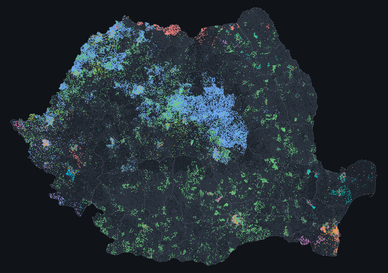 Dot map of Romania: one dot for about every 40 people, coloured by ethnicity, with Hungarians concentrated in the east of Transylvania, Roma spread across the country and Lipovans, Turks and Tatars in the Danube Delta and along the Black Sea coast.