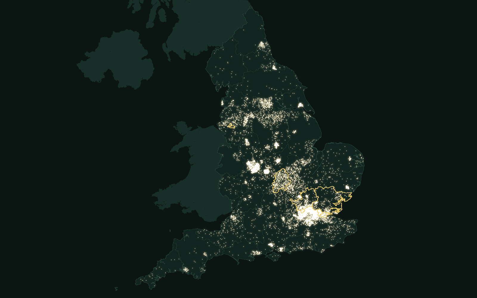 Map of England's council areas with one dot for every ten pupils whose first language is Romanian.