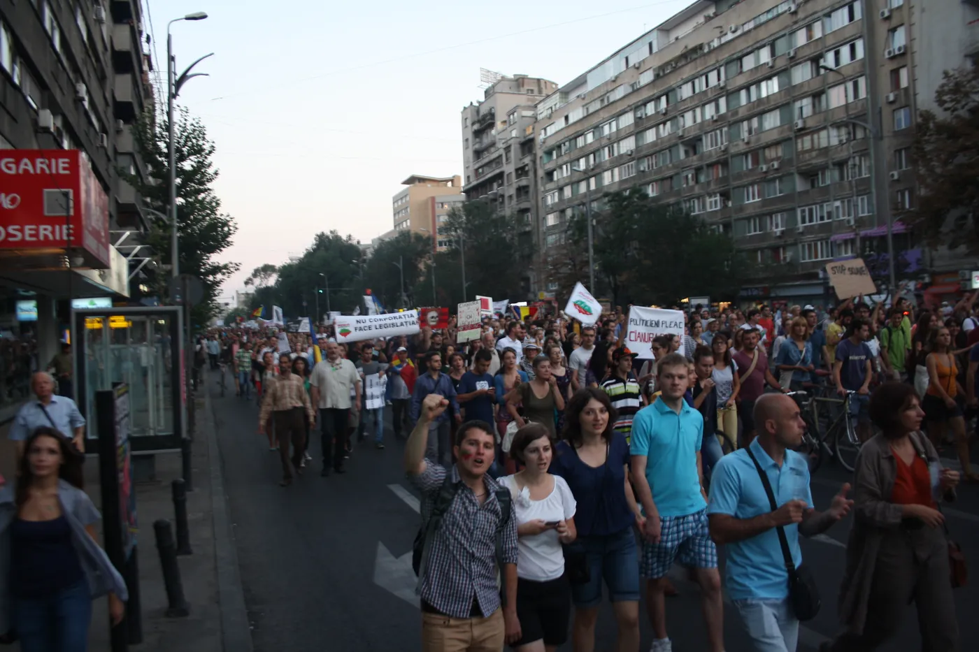 Marș pentru Roșia Montană pe bulevardul Magheru, București, 2013: mulțime cu pancarte.