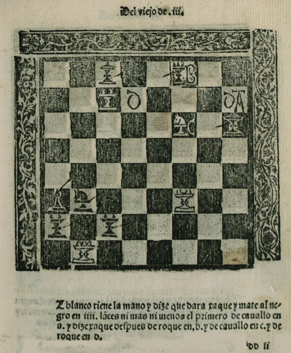 早期印本里的一幅棋图,格子里画着棋子,下面是西班牙文的说明。