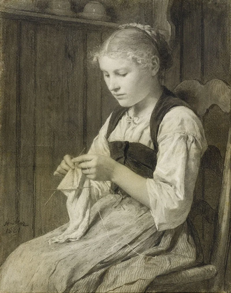 Painting of a girl knitting