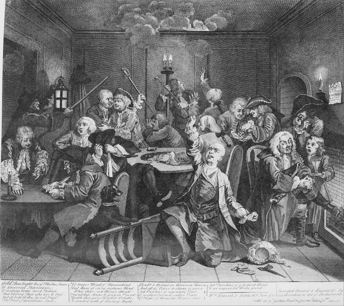 Engraving of a crowded gaming house with ruined gamblers
