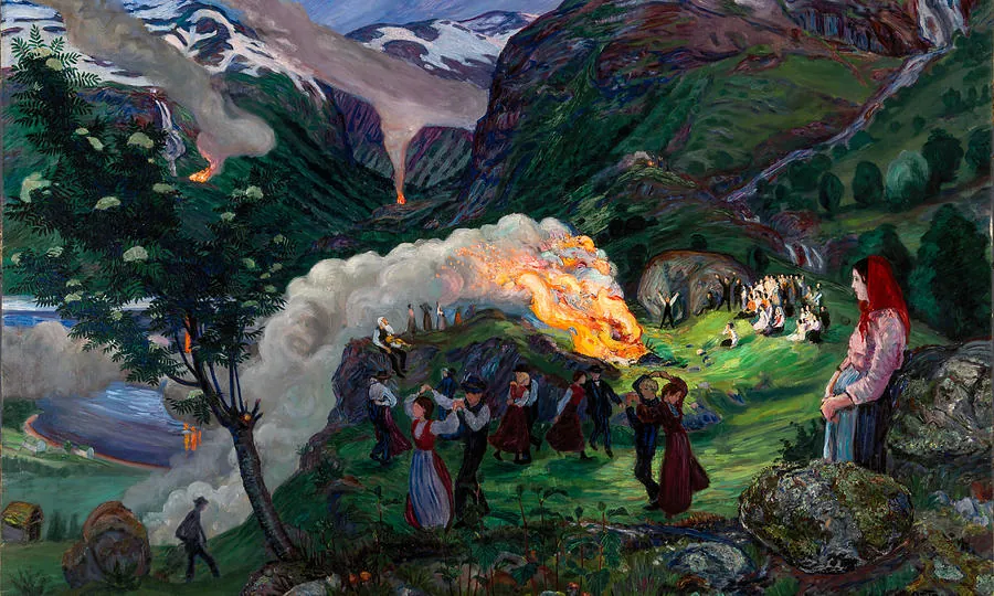Sânziene fires in Norway, seen by the painter Nikolai Astrup.