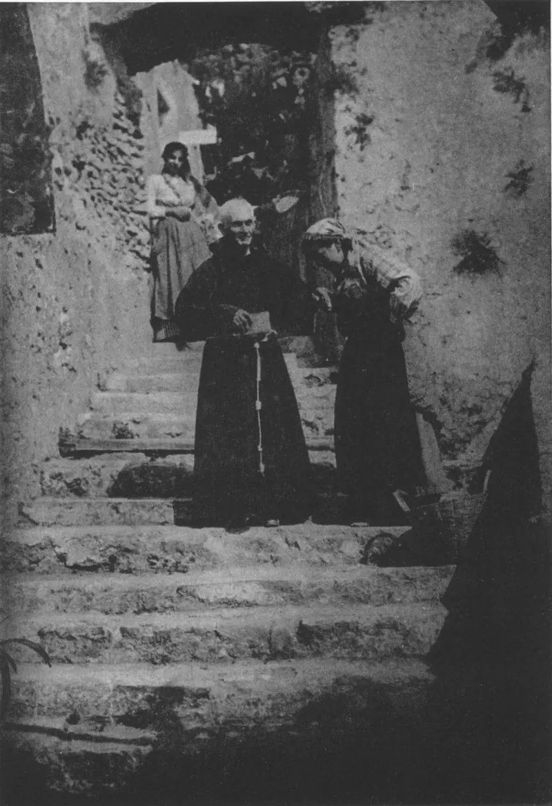 A bow before a friar, in an old photograph.