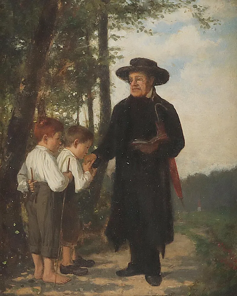 “Reverence”, Julius Pollak: a boy kisses the priest’s hand.
