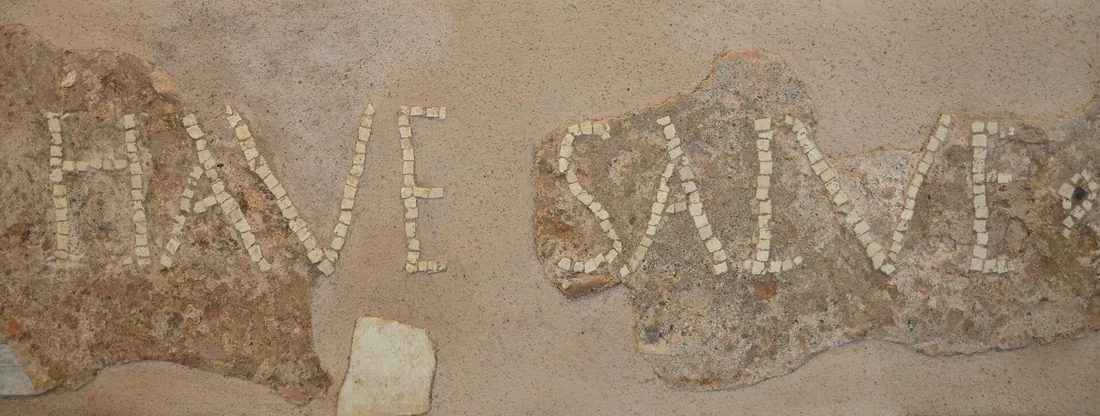 “HAVE SALVE” in Roman mosaic, at a bathhouse door: the greeting set in stone.