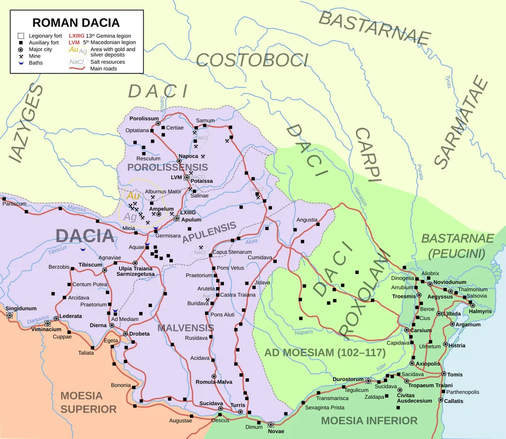 Provincia Dacia între 106 și 271 — anul tradițional al părăsirii, hotărâtă în silă și poate doar temporar: Oltenia, Transilvania și Banatul de azi.