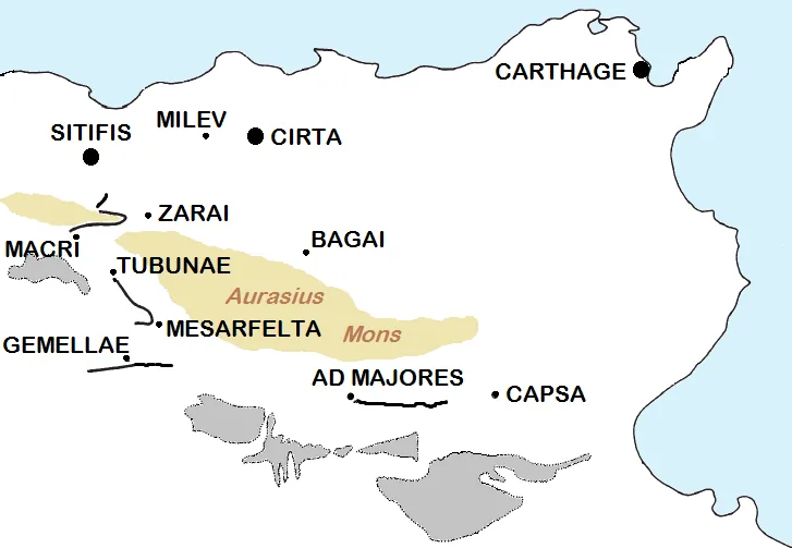 Traseul aproximativ al celor patru segmente ale Fossatum Africae, după Baradez (1949).