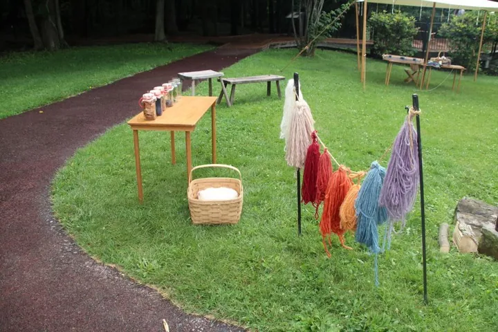 Dyed wool displayed beside jars of natural dyes.