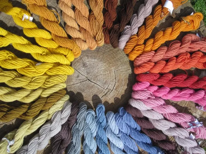 Naturally dyed wool skeins arranged in a colour circle.