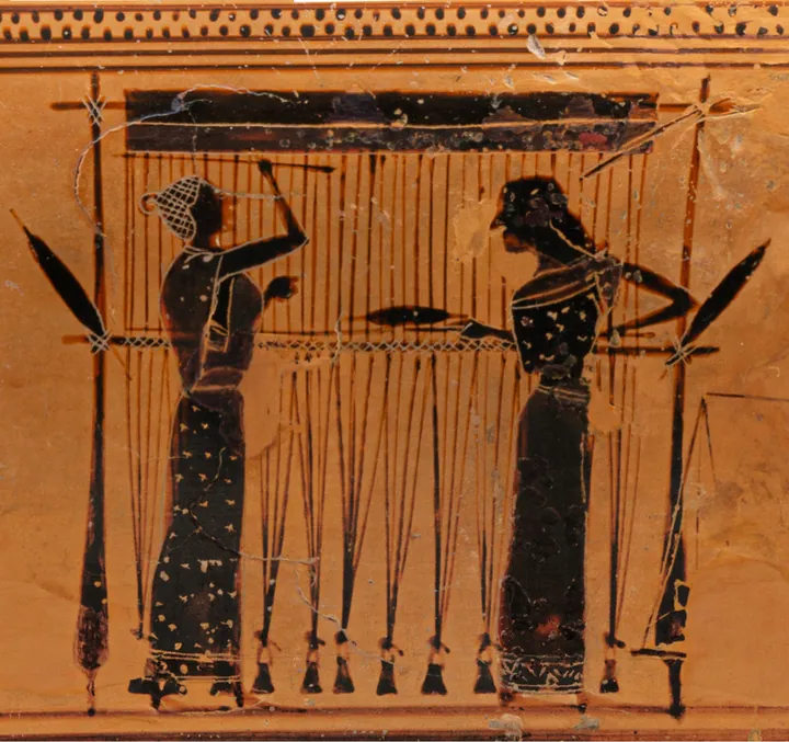 Ancient ceramic detail showing women spinning and weaving.