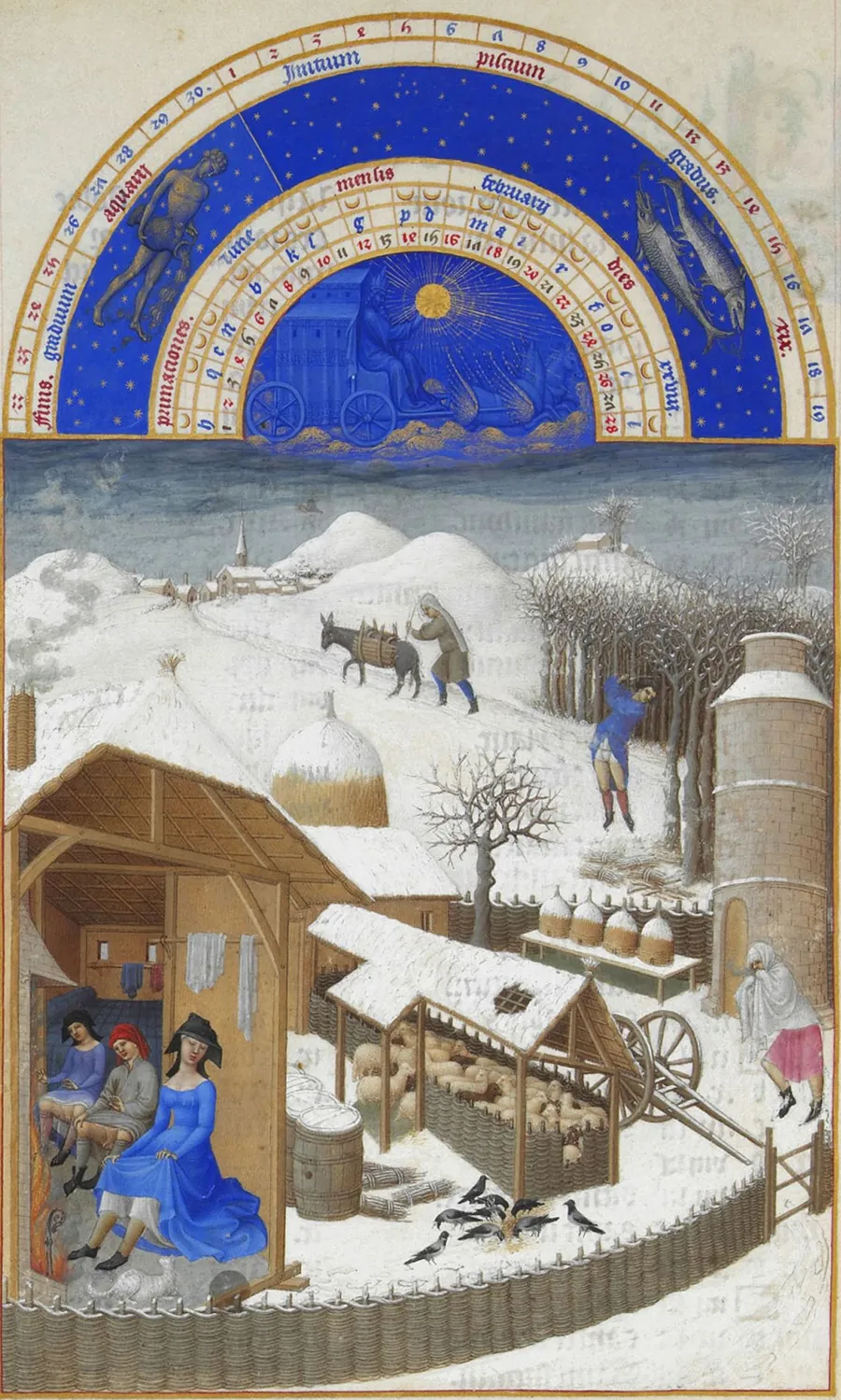 A snow-covered farm in February: sheep in a pen, beehives, people warming themselves by a fire, a man driving a donkey toward a village.