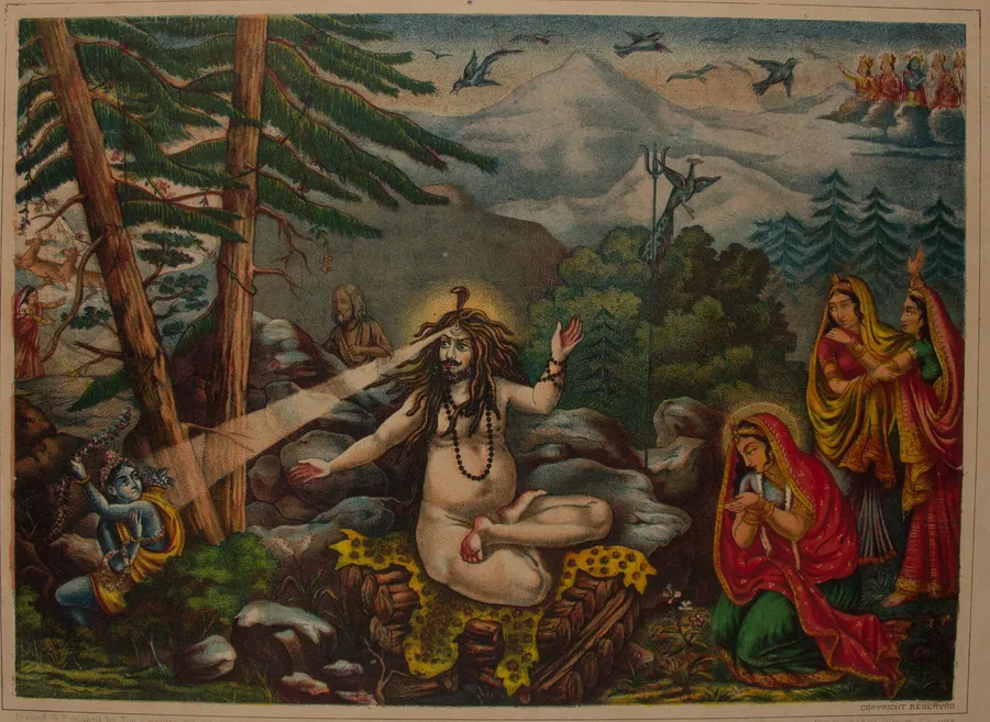 An Indian print: the god Śiva seated in meditation as flames from his brow strike the god of love, who holds a bow.