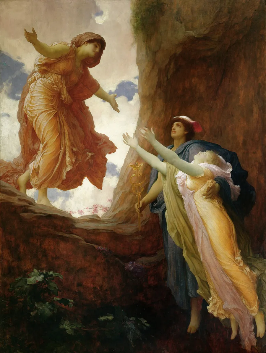 Persephone, led by Hermes out of a dark cave, reaches toward her mother Demeter, who stands in sunlight with open arms.