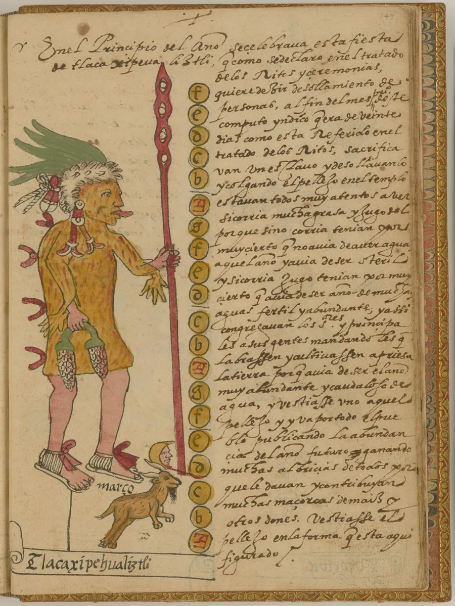 A page of a sixteenth-century manuscript: a painted figure in costume holding a staff, beside handwritten text.