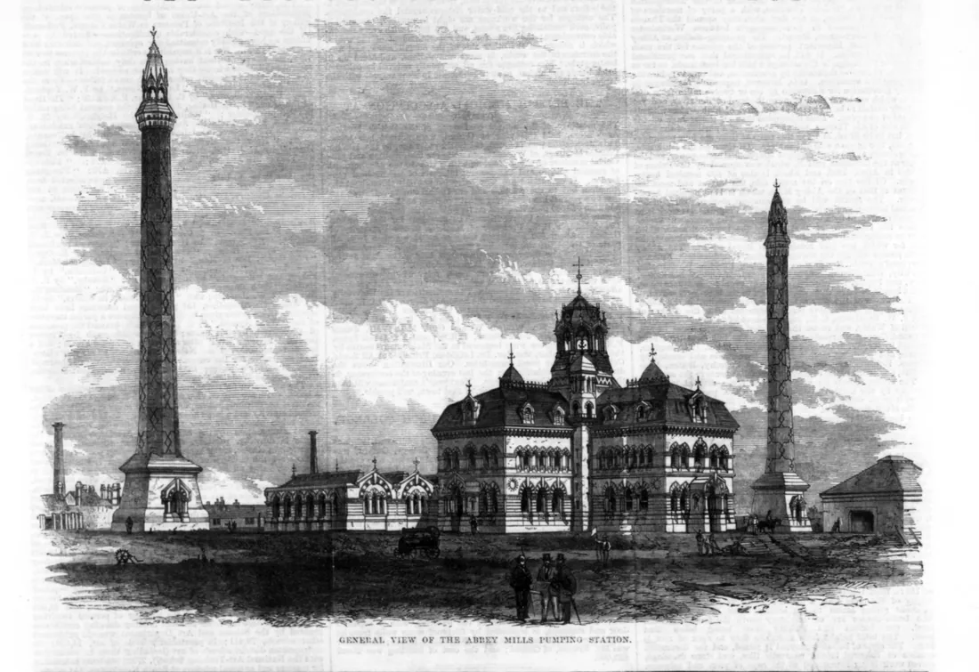 Vedere generală a stației de pompare Abbey Mills, 1868