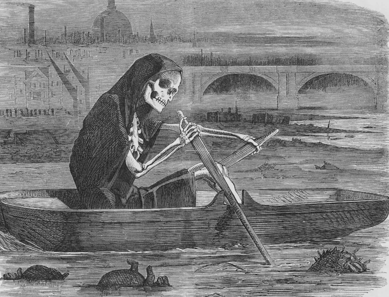 Caricatură Punch cu Moartea vâslind pe Tamisa, 1858