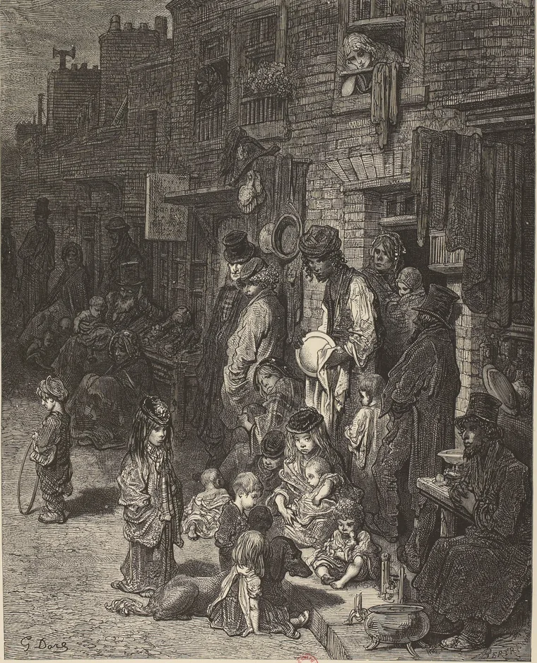 Gravură de Doré cu o stradă aglomerată la marginea Whitechapelului, 1872