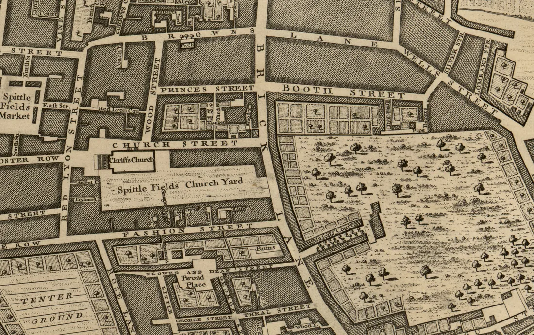 Detaliu din planul lui Rocque, 1746, cu Church Street și cimitirul