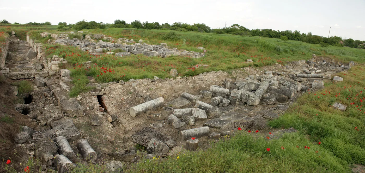 Ulpia Oescus, the city at the bridge's southern end: fallen columns among poppies