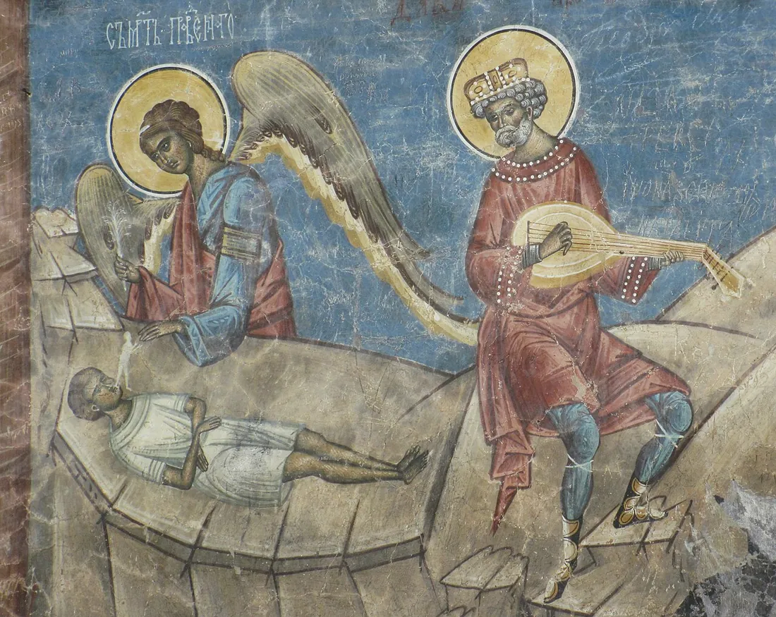 The angel takes the soul from the dying mouth: “a-și da duhul”, in fresco