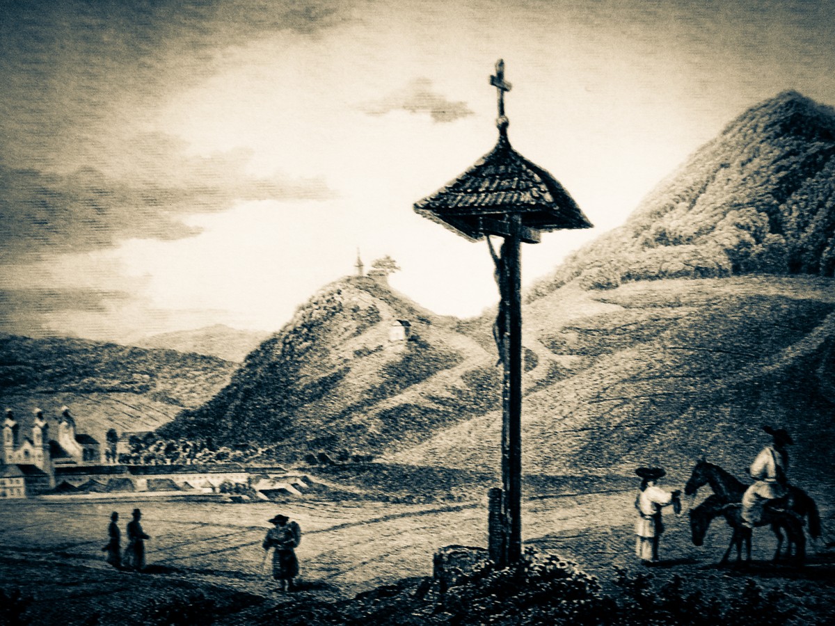 Șumuleu Ciuc in an engraving by Ludwig Rohbock, 19th century: the wayside cross, the monastery in the valley.