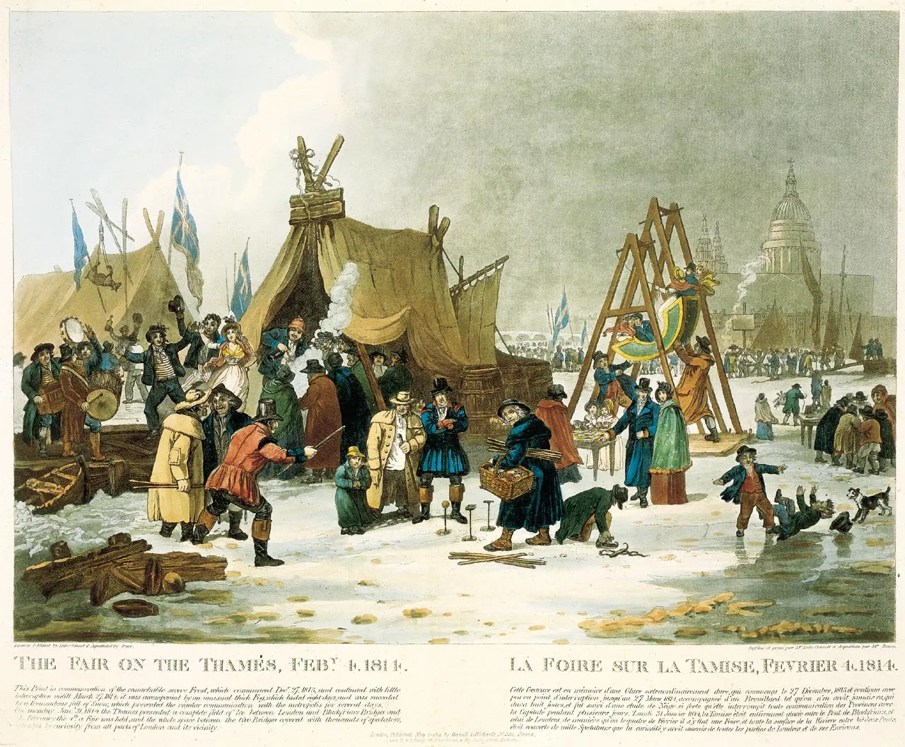 Luke Clennell, Târgul pe Tamisa, 4 februarie 1814: corturi, steaguri și leagăne pe gheață.