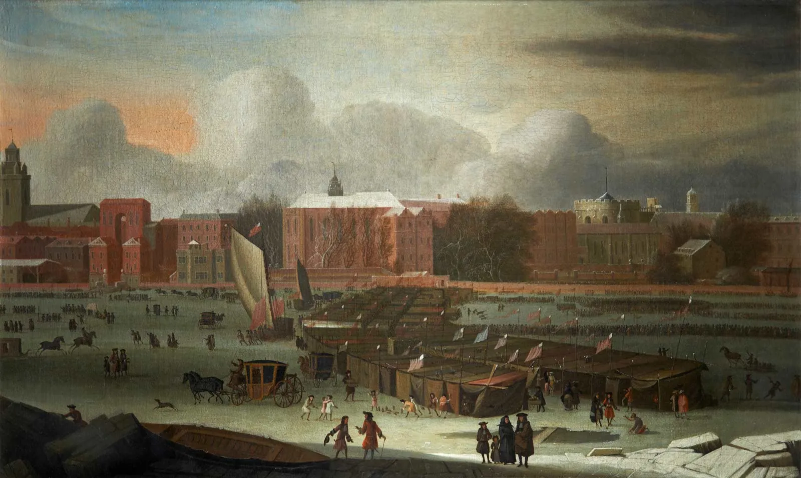 Abraham Hondius, Târg pe Tamisa la Temple Stairs, 1684: târgul văzut de la treptele Temple.
