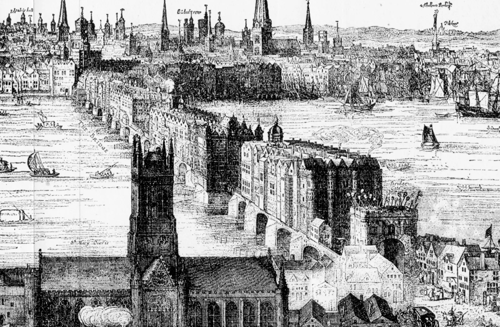 Vechiul London Bridge în panorama lui Claes Visscher, 1616., cu casele construite pe pod.