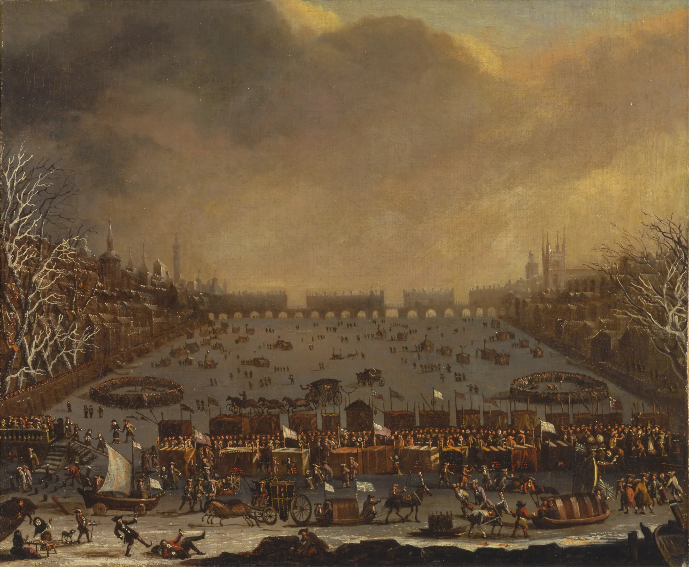 Pictură: târg pe Tamisa înghețată, cu corturi colorate, oameni pe gheață și vechiul London Bridge în depărtare