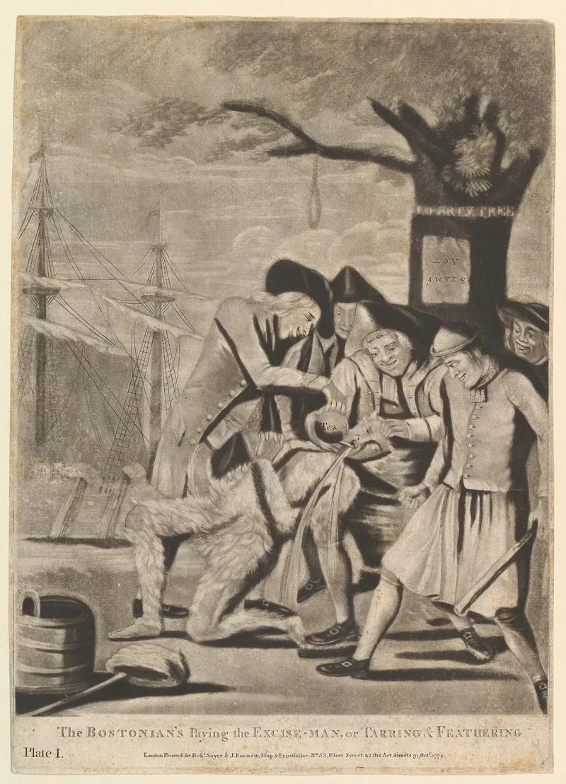 Dark mezzotint of hooded men around a seated figure under a tree with a noose; ships and masts stand behind.