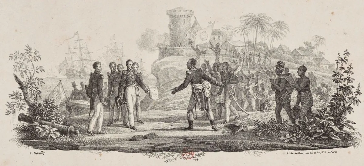 Engraving of a shoreline: a group of French naval officers meets a smaller group of Haitians in front of a fort and palm trees; ships lie behind.
