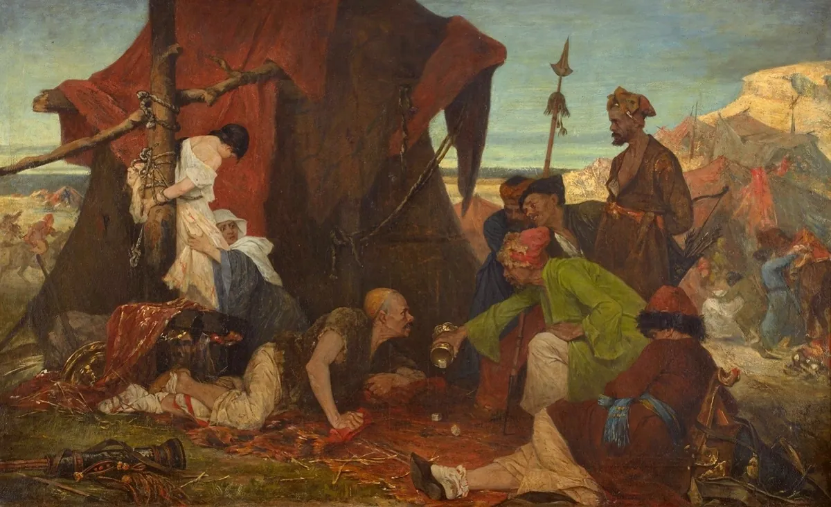 Painting of Tatar horsemen in front of a red tent, throwing dice while a captive woman sits bound to a post.