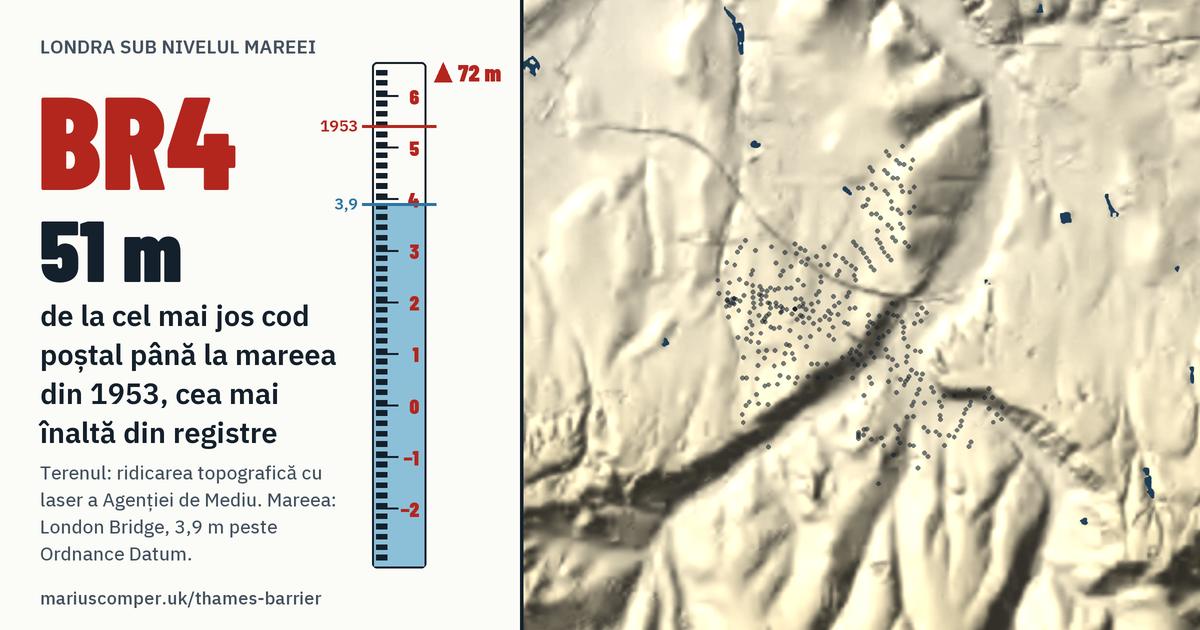 BR4 pe relieful Londrei, cu o miră de maree: Cu 51 de metri peste mareea din 1953, cea mai înaltă din registre.
