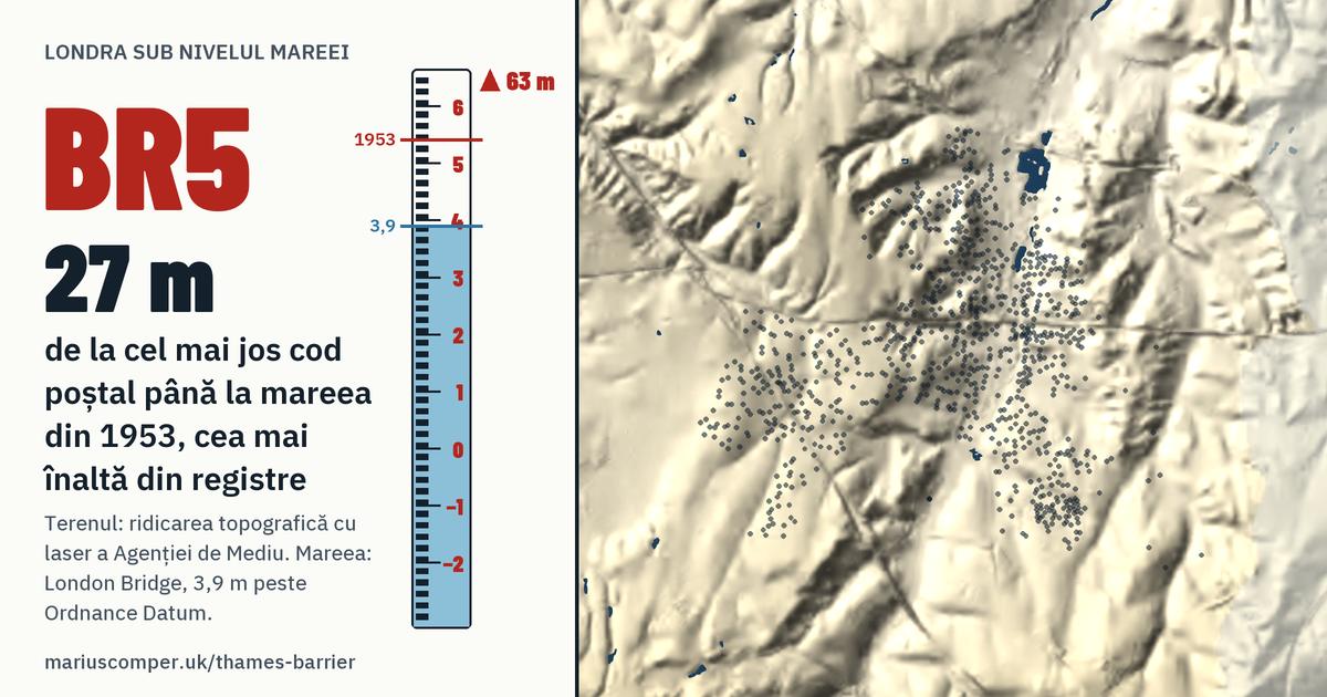 BR5 pe relieful Londrei, cu o miră de maree: Cu 27 de metri peste mareea din 1953, cea mai înaltă din registre.