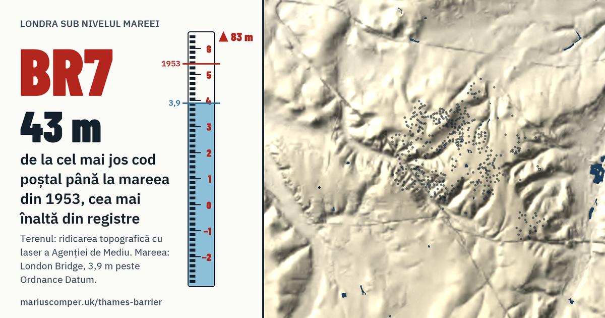 BR7 pe relieful Londrei, cu o miră de maree: Cu 43 de metri peste mareea din 1953, cea mai înaltă din registre.
