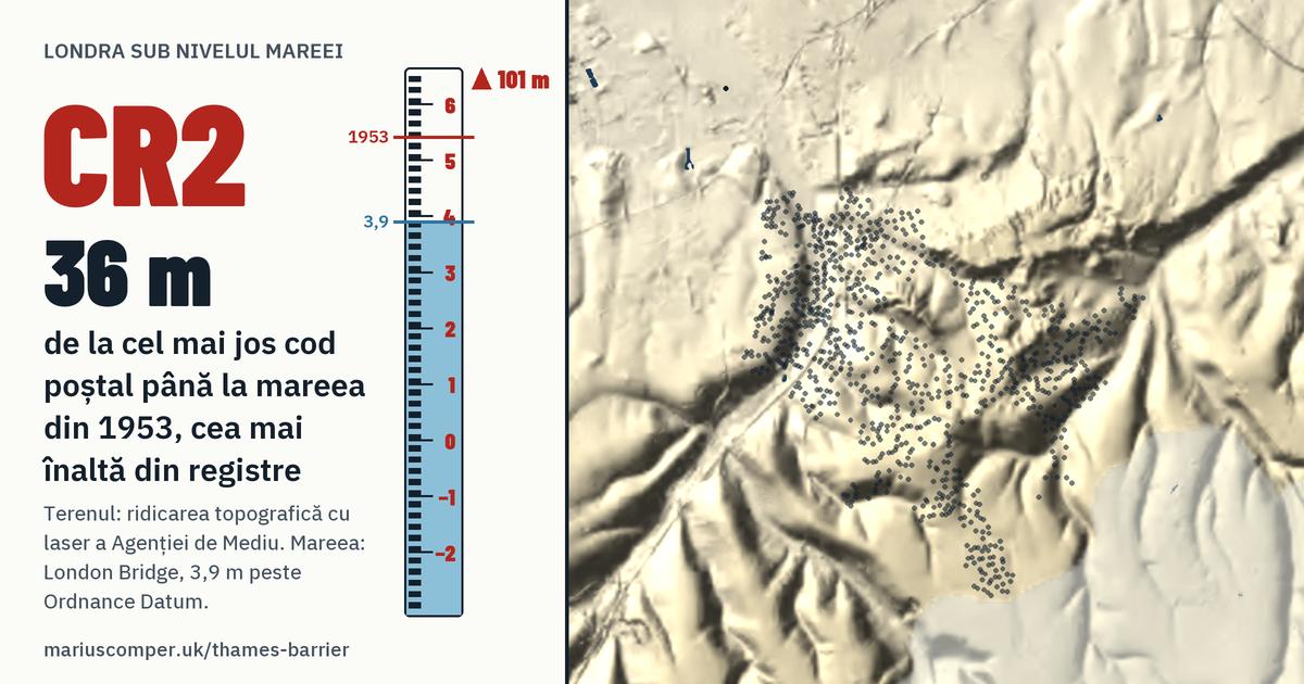 CR2 pe relieful Londrei, cu o miră de maree: Cu 36 de metri peste mareea din 1953, cea mai înaltă din registre.