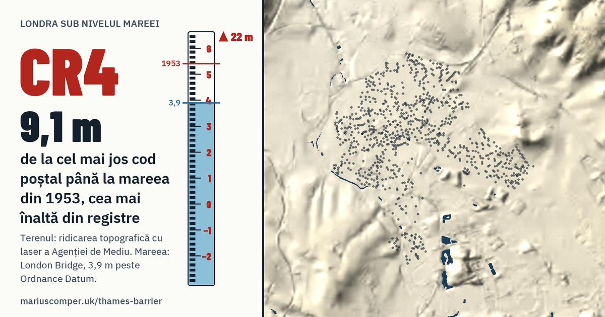 CR4 pe relieful Londrei, cu o miră de maree: Cu 9,1 m peste mareea din 1953, cea mai înaltă din registre.