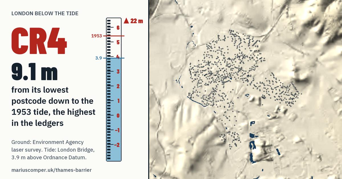 CR4 on the relief of London, with a tide staff: 9.1 m above the 1953 tide, the highest in the ledgers.