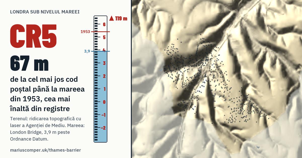 CR5 pe relieful Londrei, cu o miră de maree: Cu 67 de metri peste mareea din 1953, cea mai înaltă din registre.