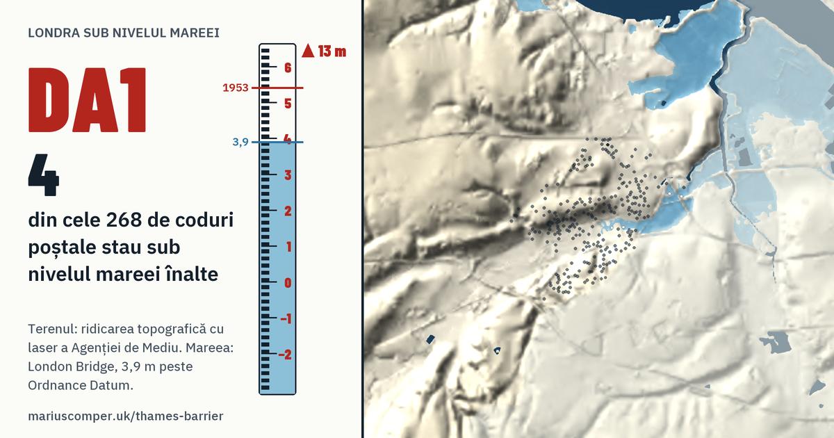 DA1 pe relieful Londrei, cu o miră de maree: 4 din cele 268 de coduri poștale ale lui stau sub nivelul mareei înalte.