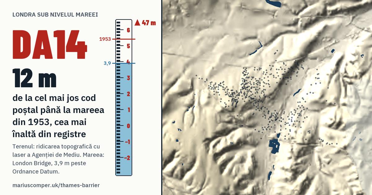 DA14 pe relieful Londrei, cu o miră de maree: Cu 12 metri peste mareea din 1953, cea mai înaltă din registre.