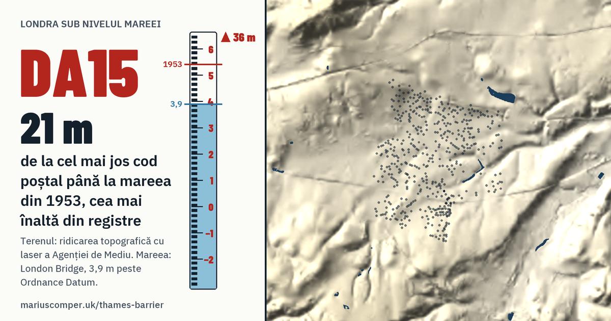 DA15 pe relieful Londrei, cu o miră de maree: Cu 21 de metri peste mareea din 1953, cea mai înaltă din registre.