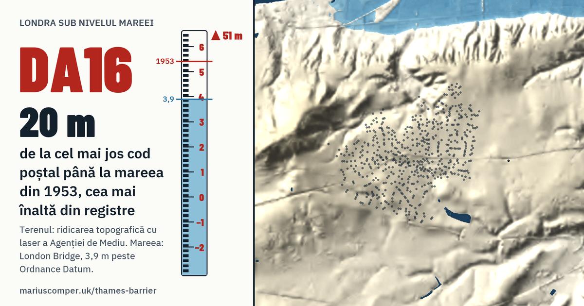 DA16 pe relieful Londrei, cu o miră de maree: Cu 20 de metri peste mareea din 1953, cea mai înaltă din registre.