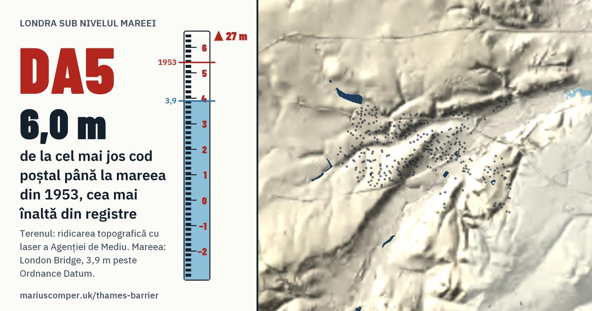 DA5 pe relieful Londrei, cu o miră de maree: Cu 6,0 m peste mareea din 1953, cea mai înaltă din registre.
