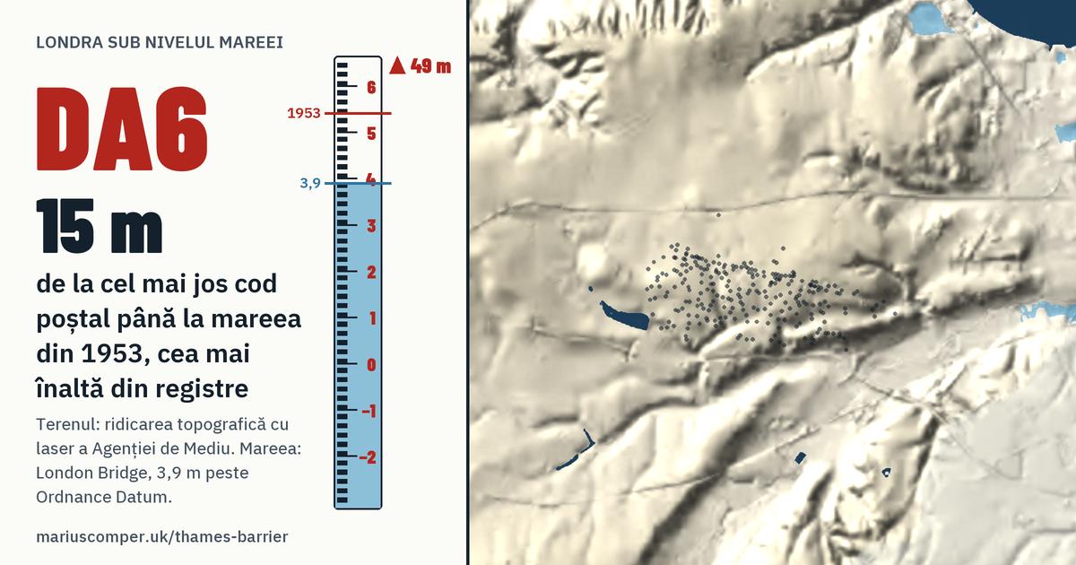 DA6 pe relieful Londrei, cu o miră de maree: Cu 15 metri peste mareea din 1953, cea mai înaltă din registre.